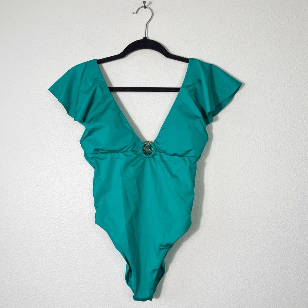 NEW Trina Turk Riffle Plunge One Piece Swimsuit Open Back Teal Size 4